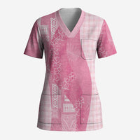 Polynesian Tribal Pattern Patchwork Picturesque Scrub Top Rose Pink