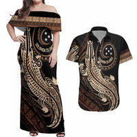 Personalized Solomon Islands Crocodile Couples Matching Off Shoulder Maxi Dress and Hawaiian Shirt Hapi Isles - Independence Anniversary