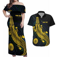 Personalized Solomon Islands Independence Anniversary Couples Matching Off Shoulder Maxi Dress and Hawaiian Shirt Crocodile Mix Tapa