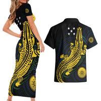 Personalized Solomon Islands Independence Anniversary Couples Matching Short Sleeve Bodycon Dress and Hawaiian Shirt Crocodile Mix Tapa