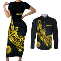 Personalized Solomon Islands Independence Anniversary Couples Matching Short Sleeve Bodycon Dress and Long Sleeve Button Shirt Crocodile Mix Tapa