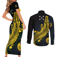 Personalized Solomon Islands Independence Anniversary Couples Matching Short Sleeve Bodycon Dress and Long Sleeve Button Shirt Crocodile Mix Tapa