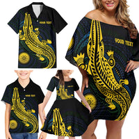 Personalized Solomon Islands Independence Anniversary Family Matching Off Shoulder Short Dress and Hawaiian Shirt Crocodile Mix Tapa