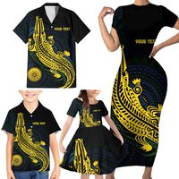 Personalized Solomon Islands Independence Anniversary Family Matching Short Sleeve Bodycon Dress and Hawaiian Shirt Crocodile Mix Tapa