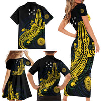 Personalized Solomon Islands Independence Anniversary Family Matching Short Sleeve Bodycon Dress and Hawaiian Shirt Crocodile Mix Tapa