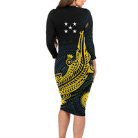 Personalized Solomon Islands Independence Anniversary Long Sleeve Bodycon Dress Crocodile Mix Tapa