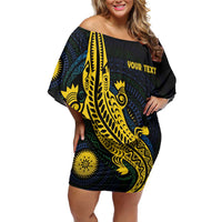 Personalized Solomon Islands Independence Anniversary Off Shoulder Short Dress Crocodile Mix Tapa