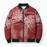 Aotearoa Maori Koru Curves Bomber Puffer Jacket Silver Ferns - Crimson Red