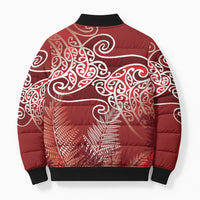 Aotearoa Maori Koru Curves Bomber Puffer Jacket Silver Ferns - Crimson Red
