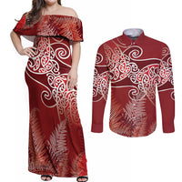 Aotearoa Maori Koru Curves Couples Matching Off Shoulder Maxi Dress and Long Sleeve Button Shirt Silver Ferns - Crimson Red