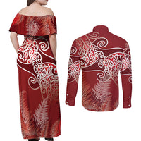 Aotearoa Maori Koru Curves Couples Matching Off Shoulder Maxi Dress and Long Sleeve Button Shirt Silver Ferns - Crimson Red