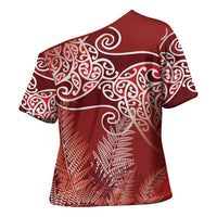 Aotearoa Maori Koru Curves Cross Shoulder Shirt Silver Ferns - Crimson Red LT7 - Polynesian Pride