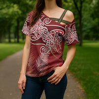 Aotearoa Maori Koru Curves Cross Shoulder Shirt Silver Ferns - Crimson Red LT7 - Polynesian Pride