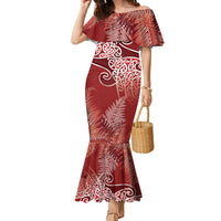 Aotearoa Maori Koru Curves Family Matching Mermaid Dress and Hawaiian Shirt Silver Ferns - Crimson Red