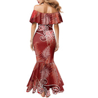 Aotearoa Maori Koru Curves Family Matching Mermaid Dress and Hawaiian Shirt Silver Ferns - Crimson Red