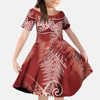 Aotearoa Maori Koru Curves Family Matching Off The Shoulder Long Sleeve Dress and Hawaiian Shirt Silver Ferns - Crimson Red