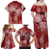 Aotearoa Maori Koru Curves Family Matching Off Shoulder Maxi Dress and Hawaiian Shirt Silver Ferns - Crimson Red