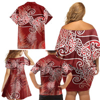 Aotearoa Maori Koru Curves Family Matching Off Shoulder Short Dress and Hawaiian Shirt Silver Ferns - Crimson Red