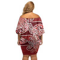 Aotearoa Maori Koru Curves Family Matching Off Shoulder Short Dress and Hawaiian Shirt Silver Ferns - Crimson Red