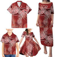 Aotearoa Maori Koru Curves Family Matching Puletasi and Hawaiian Shirt Silver Ferns - Crimson Red