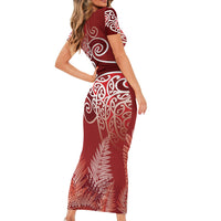 Aotearoa Maori Koru Curves Family Matching Short Sleeve Bodycon Dress and Hawaiian Shirt Silver Ferns - Crimson Red