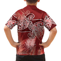 Aotearoa Maori Koru Curves Family Matching Summer Maxi Dress and Hawaiian Shirt Silver Ferns - Crimson Red