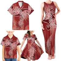 Aotearoa Maori Koru Curves Family Matching Tank Maxi Dress and Hawaiian Shirt Silver Ferns - Crimson Red