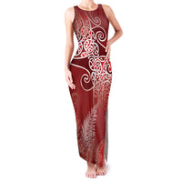 Aotearoa Maori Koru Curves Family Matching Tank Maxi Dress and Hawaiian Shirt Silver Ferns - Crimson Red