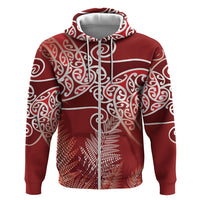 Aotearoa Maori Koru Curves Hoodie Silver Ferns - Crimson Red