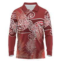Aotearoa Maori Koru Curves Long Sleeve Polo Shirt Silver Ferns - Crimson Red
