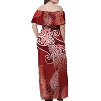 Aotearoa Maori Koru Curves Off Shoulder Maxi Dress Silver Ferns - Crimson Red LT7 - Polynesian Pride
