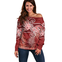 Aotearoa Maori Koru Curves Off Shoulder Sweater Silver Ferns - Crimson Red