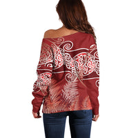 Aotearoa Maori Koru Curves Off Shoulder Sweater Silver Ferns - Crimson Red