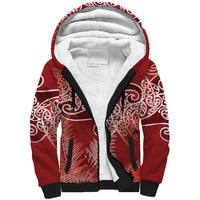 Aotearoa Maori Koru Curves Sherpa Hoodie Silver Ferns - Crimson Red