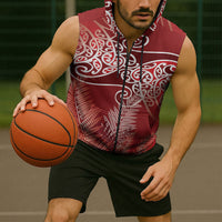 Aotearoa Maori Koru Curves Sleeveless Zip Hoodie Silver Ferns - Crimson Red