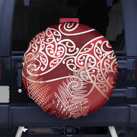 Aotearoa Maori Koru Curves Spare Tire Cover Silver Ferns - Crimson Red
