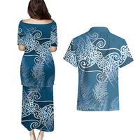 Aotearoa Maori Koru Curves Couples Matching Puletasi and Hawaiian Shirt Silver Ferns - Navy Blue