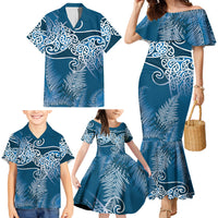 Aotearoa Maori Koru Curves Family Matching Mermaid Dress and Hawaiian Shirt Silver Ferns - Navy Blue