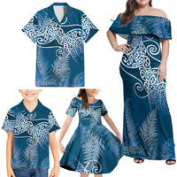 Aotearoa Maori Koru Curves Family Matching Off Shoulder Maxi Dress and Hawaiian Shirt Silver Ferns - Navy Blue