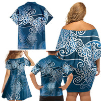 Aotearoa Maori Koru Curves Family Matching Off Shoulder Short Dress and Hawaiian Shirt Silver Ferns - Navy Blue