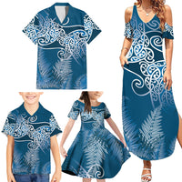 Aotearoa Maori Koru Curves Family Matching Summer Maxi Dress and Hawaiian Shirt Silver Ferns - Navy Blue