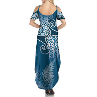 Aotearoa Maori Koru Curves Family Matching Summer Maxi Dress and Hawaiian Shirt Silver Ferns - Navy Blue