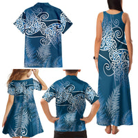 Aotearoa Maori Koru Curves Family Matching Tank Maxi Dress and Hawaiian Shirt Silver Ferns - Navy Blue