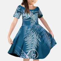 Aotearoa Maori Koru Curves Kid Short Sleeve Dress Silver Ferns - Navy Blue