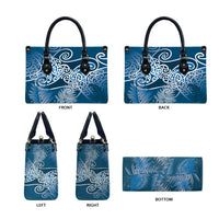 Aotearoa Maori Koru Curves Leather Bag Silver Ferns - Navy Blue