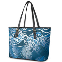 Aotearoa Maori Koru Curves Leather Tote Bag Silver Ferns - Navy Blue