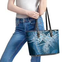 Aotearoa Maori Koru Curves Leather Tote Bag Silver Ferns - Navy Blue