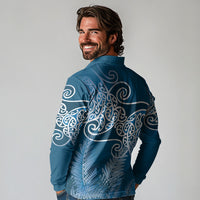 Aotearoa Maori Koru Curves Long Sleeve Polo Shirt Silver Ferns - Navy Blue
