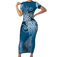 Aotearoa Maori Koru Curves Short Sleeve Bodycon Dress Silver Ferns - Navy Blue