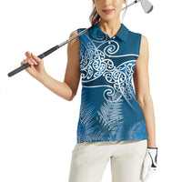 Aotearoa Maori Koru Curves Women Sleeveless Polo Shirt Silver Ferns - Navy Blue